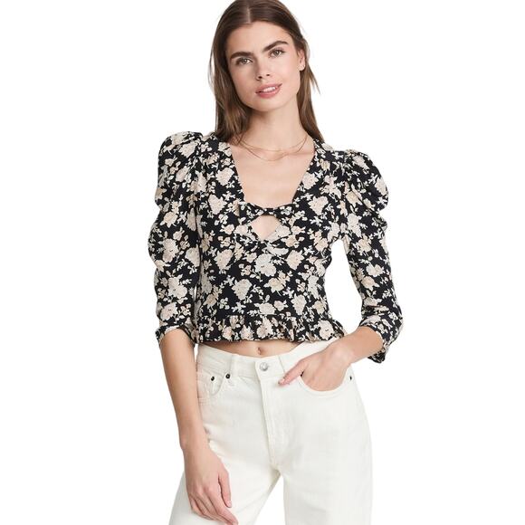 LoveShackFancy Floral Bow Cutout Top Black Tan Coquette Louis Almond Cookie Puff - Picture 1 of 13